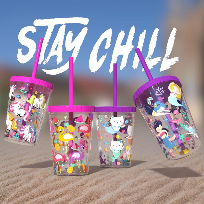 Home Tune 16oz Kids Tumbler Water Drinking Cup 4 Pack - BPA Free  Straw Lid Cup  Reusable  Lightweight  Spill-Proof  Cute Design for Girls & Boys - Flamingo  Kitty Mermaid  Unicorn - Image 5